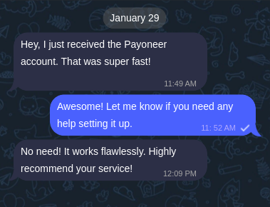 Screenshot of successful Payoneer transaction